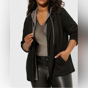 Torrid Fabric Mix Hooded Blazer, Black, easy zipper front, soft stretch NWT 3X